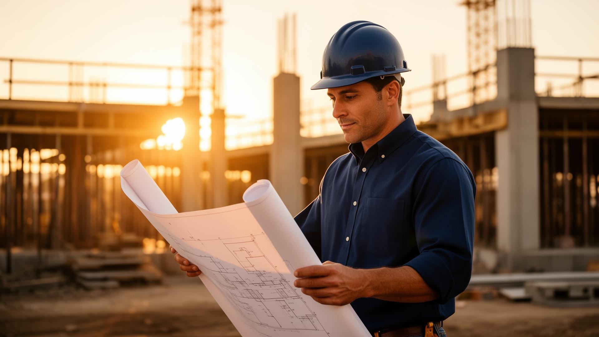 Contractor reviewing blueprints at sunset